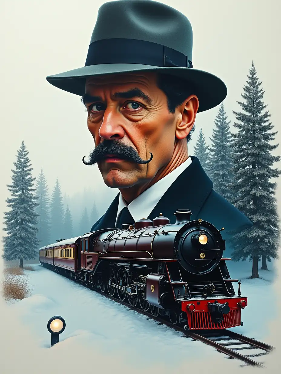 Fantasy, double exposure, collage, detective Hercule Poirot's face, actor Kenneth Branagh, gaze, mustache, Orient Express train , rails, winter, forest, clear drawing, intriguing, photorealism, 32k, colorful