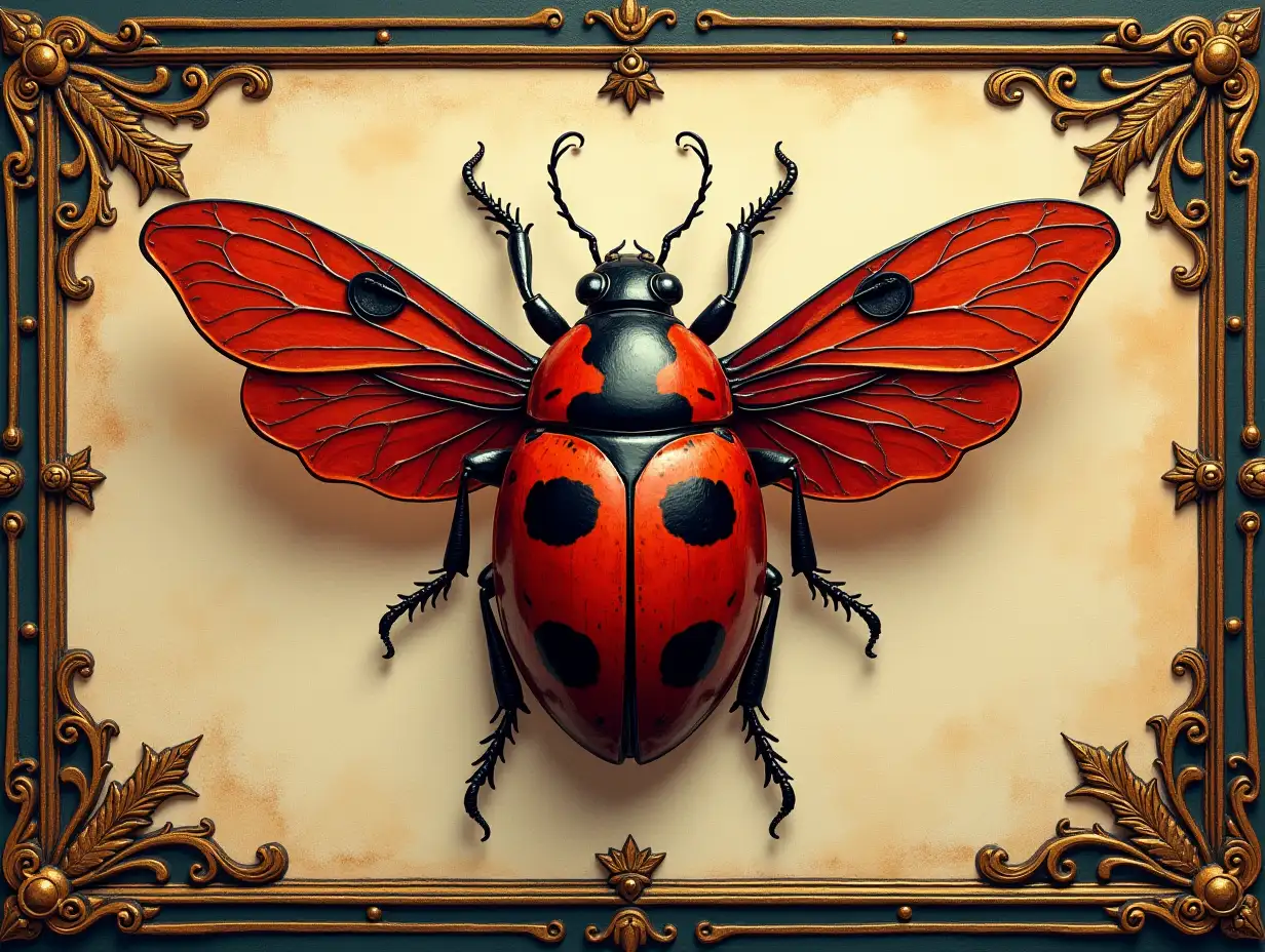 Create an image of a lady beetle in a ceremonial setting. With ornate border.