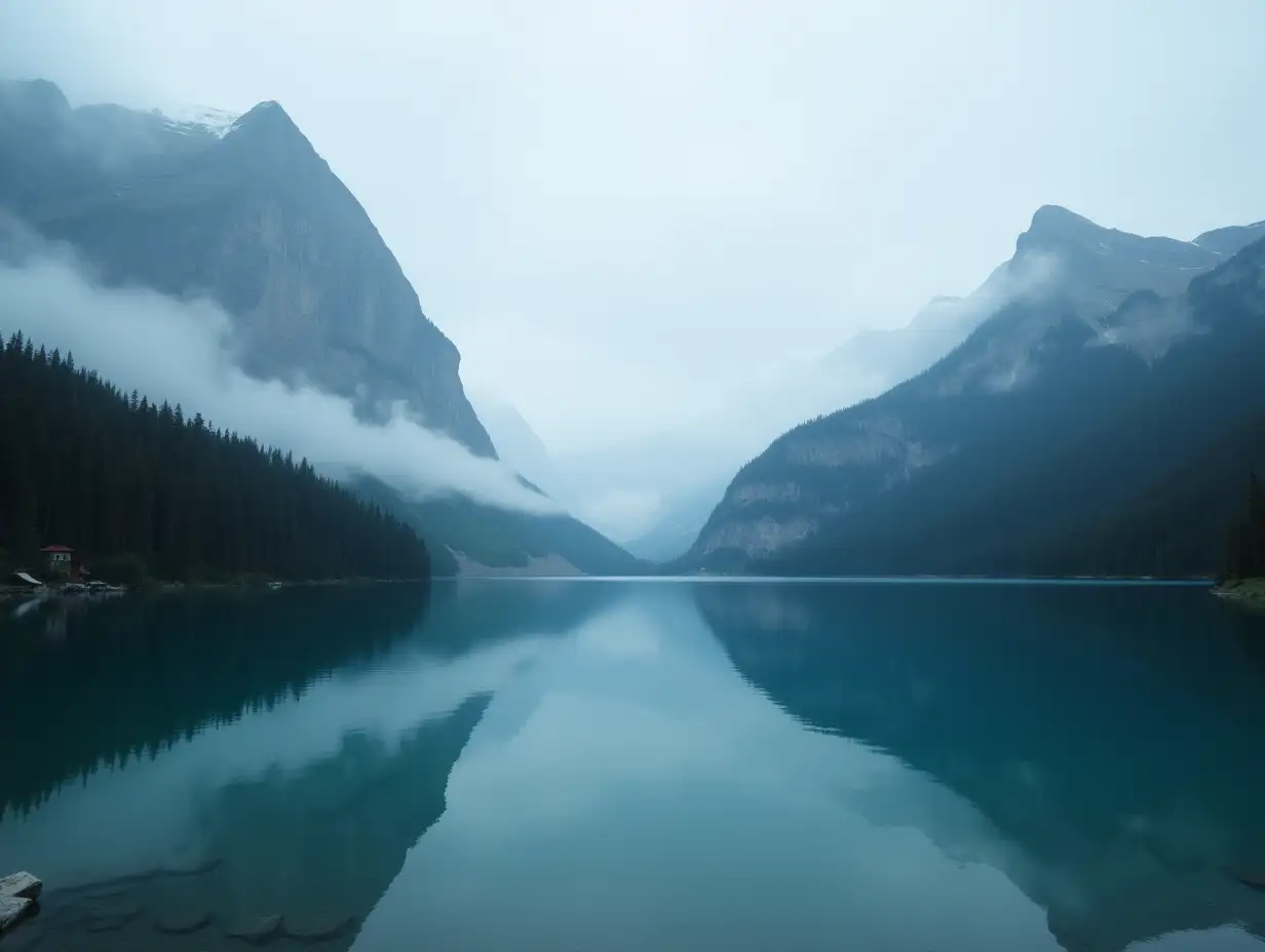 Serene mountain lake surrounded by misty peaks