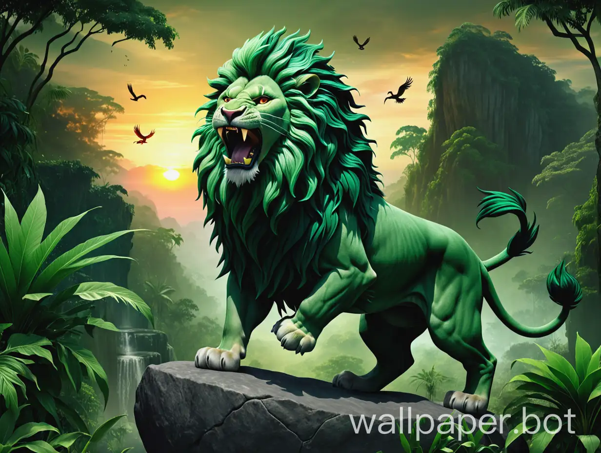 Green lion, roaring on a rock in the jungle. with a background of dark leafy green sunset and phoenixes