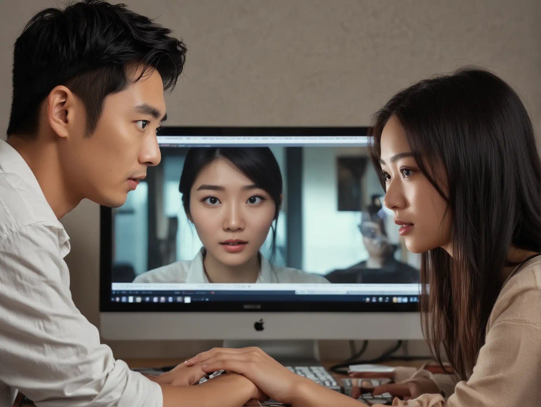 Asian-Woman-Spying-on-Man-Through-Computer-Screen-with-Cinematic-Realism