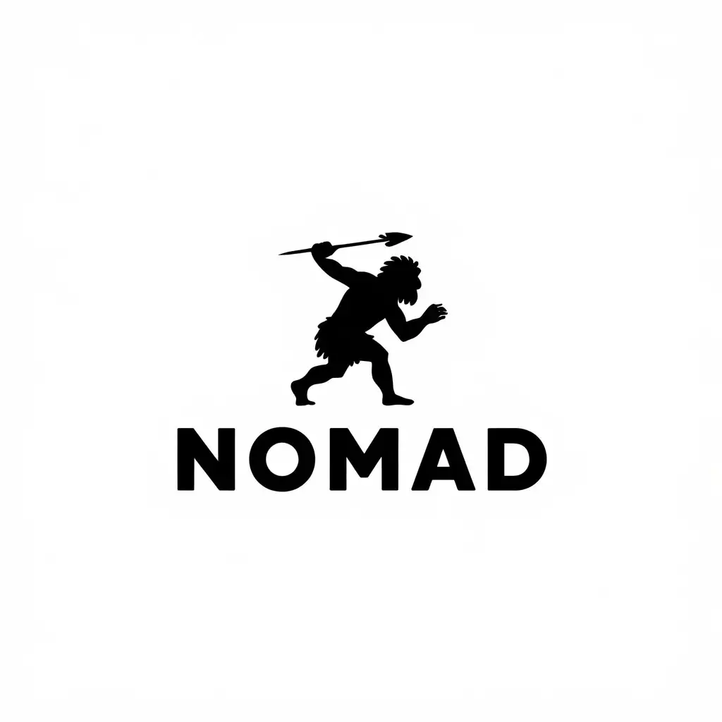 LOGO Design for Nomad Caveman Throwing Spear in Black White Minimalistic Style