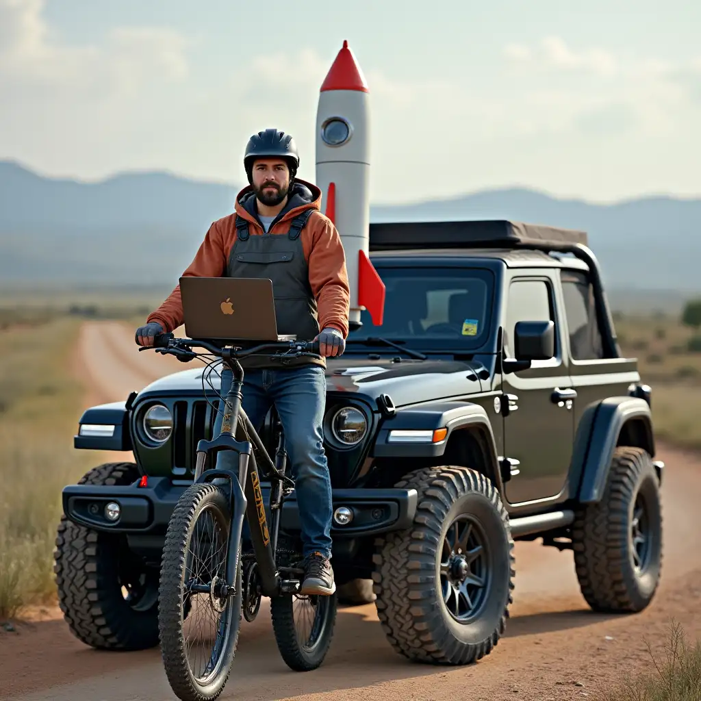 Engineer with rocket, laptop, mountain bike, Black 2 door Jeep