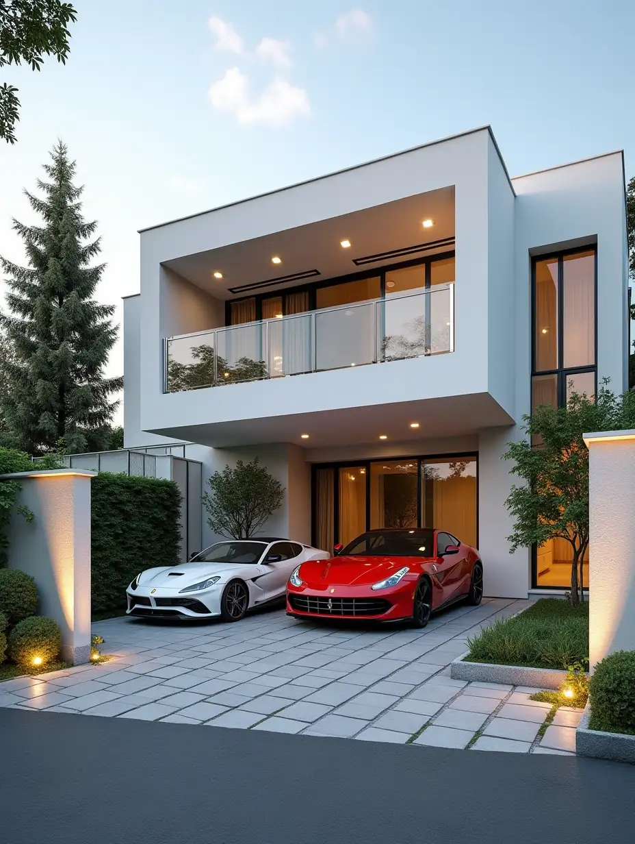 A modern house with decorative pillars and good landscaping, Mercedes and Ferrari