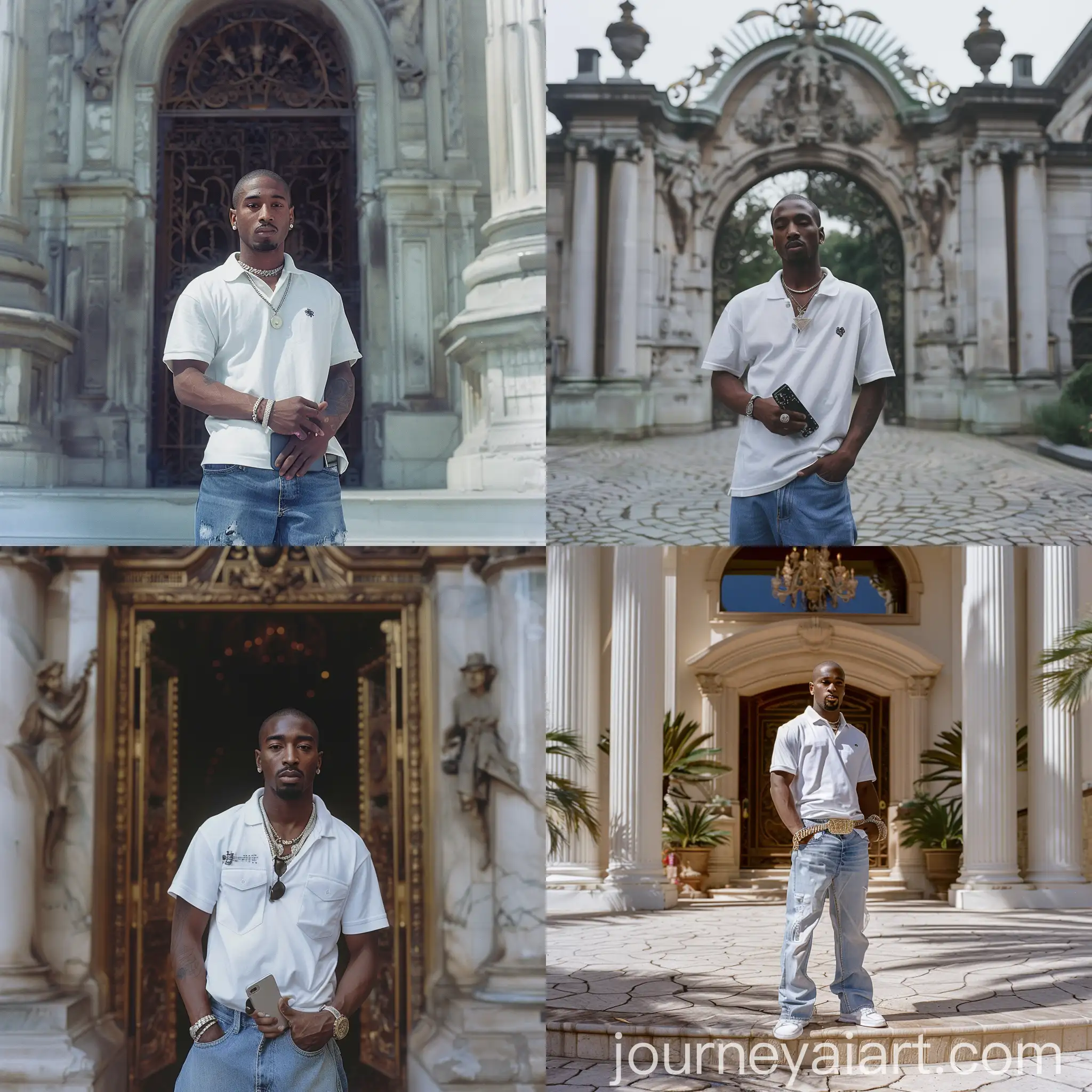 Tupac-Shakur-in-Casual-Attire-at-Palace-Entrance-with-Mobile-Phone