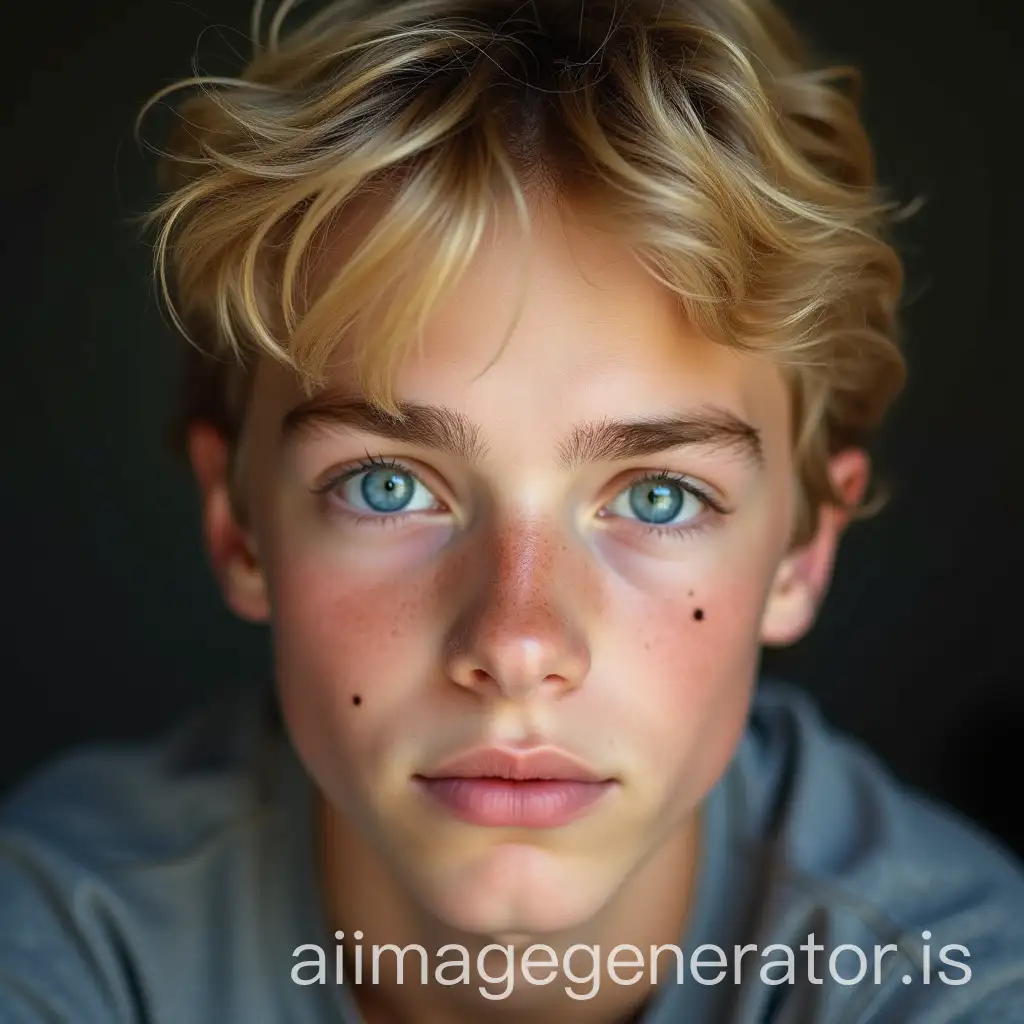 extremely sharp 15 year old boy portrait, blond hair, blue eyes, brown eyebrows, some peach-fuzz facial hair, small mole on lower right cheek