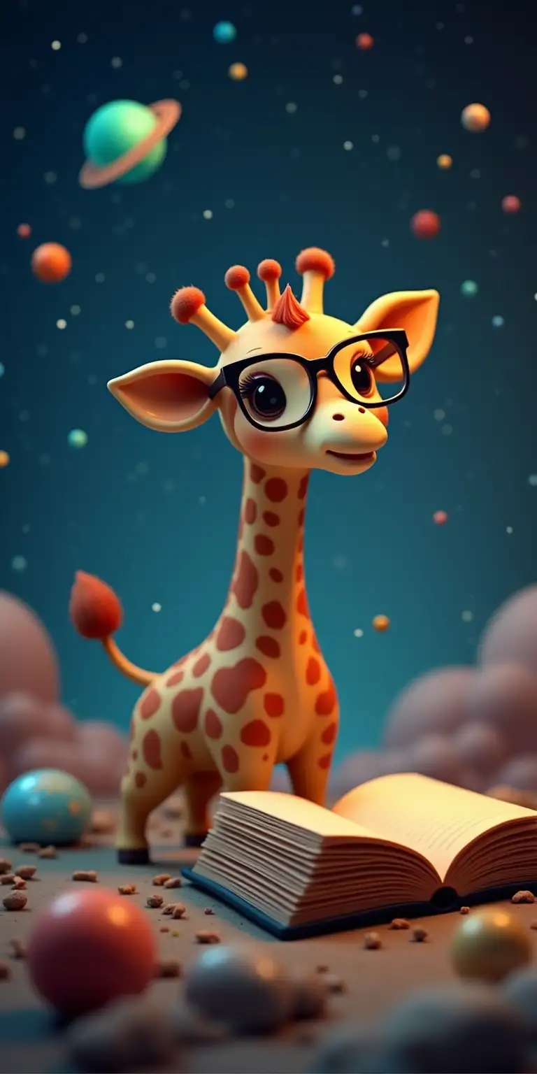 Baby Giraffe in Space with Glasses Stars and a Book