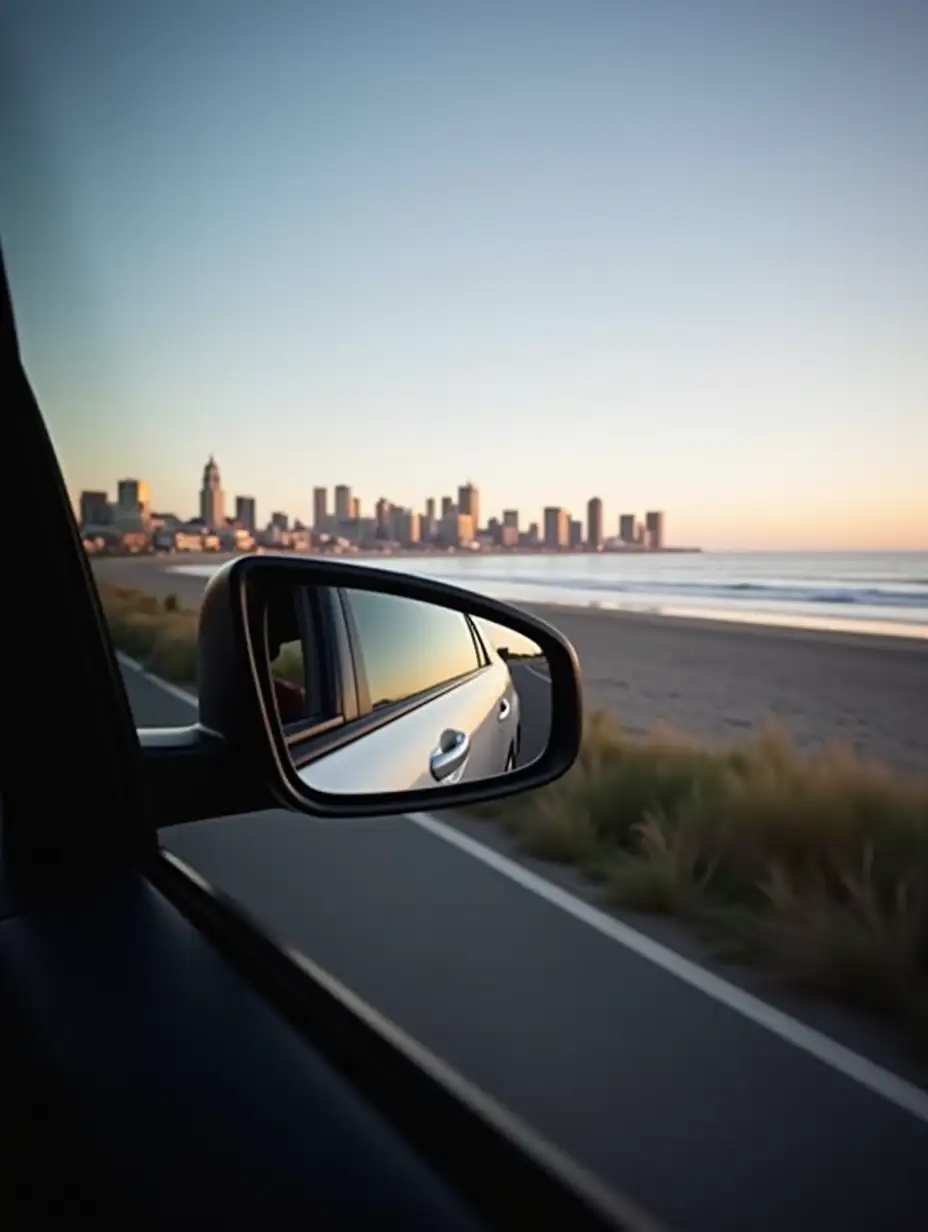 Rear-View-Mirror-Reflecting-City-Skyline-and-Beach-View