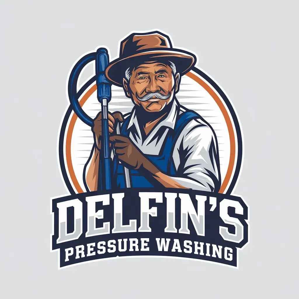 LOGO Design For Delfins Pressure Washing Filipino Elderly Gentleman in Vector Style on Clear Background