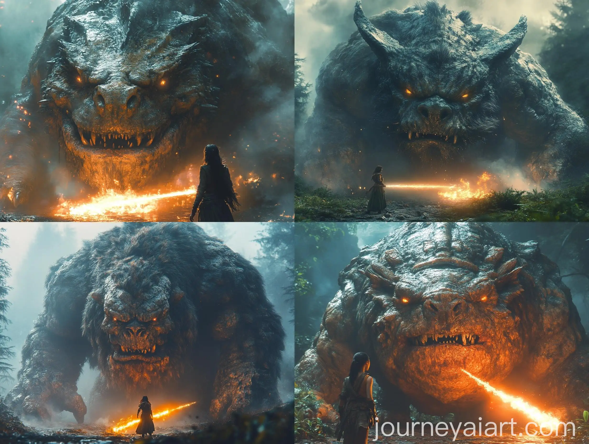 Epic-Battle-Female-Hero-Confronting-Gigantic-FireBreathing-Troll-in-Dark-Forest