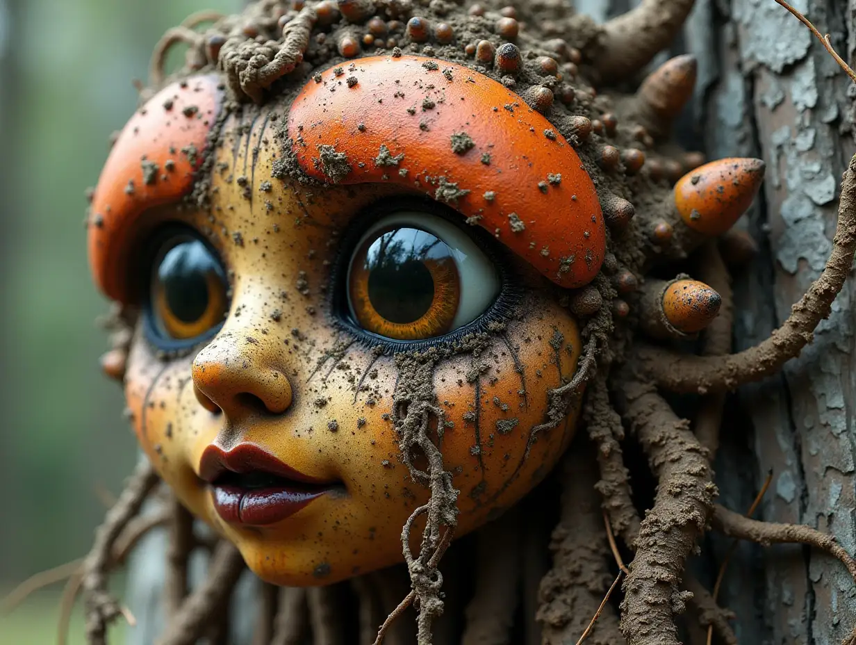 Face transformed into building with brown Fly Agaric roots