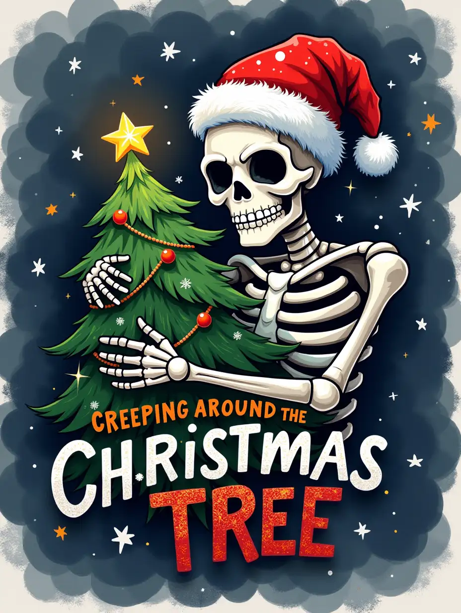 Oil painting ART. Create a Halloween-themed graphic featuring a skeleton wearing a Santa hat, hugging a Christmas tree. The skeleton should have a mischievous grin and be surrounded by snowflakes and stars. The text 'CREEPING AROUND THE CHRISTMAS TREE' should be prominently displayed in bold Glitter, contrasting colors, with a playful, handwritten style. The overall style should be lighthearted and fun, with a touch of spookiness.