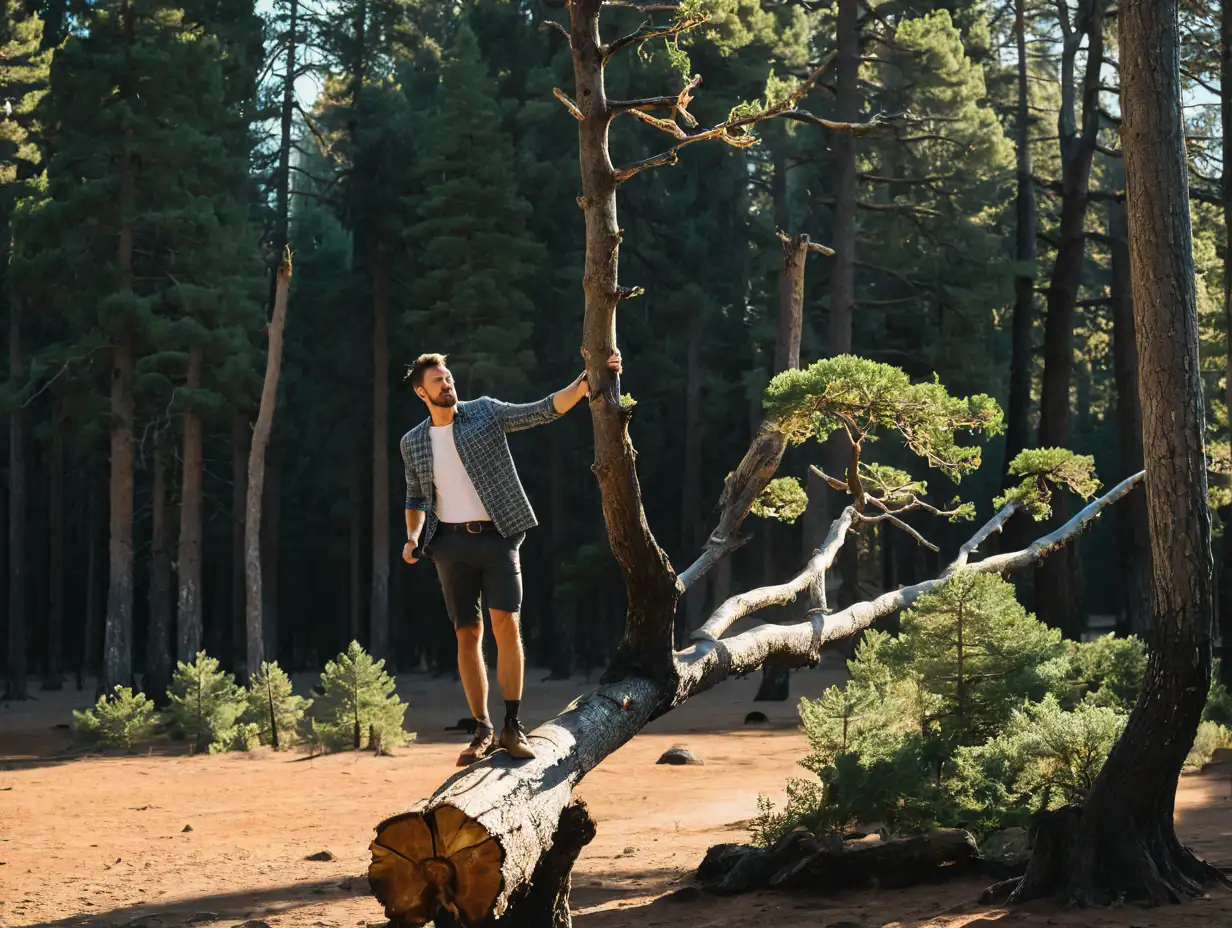 Man Balancing on Rotten Tree in Forest