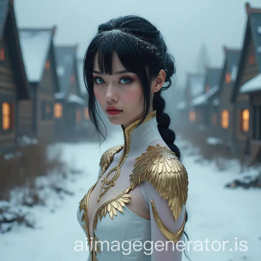 a woman with a white figure skater costume with gold shoulders, black hair color, blue eyes, in the middle of a village made of ashes