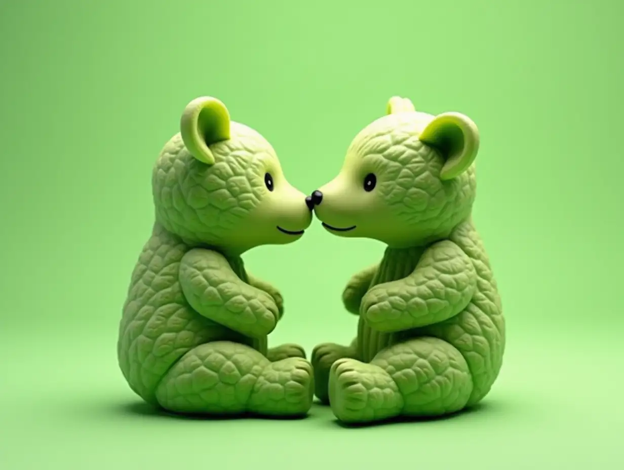 Two cute bear made entirely of green cabbage,with cabbage leaves as ears limbs, sitting face to face and touching nose ,on a soft green background .Hyper realistic , whimsical style ,soft lighting , minimalistic composition