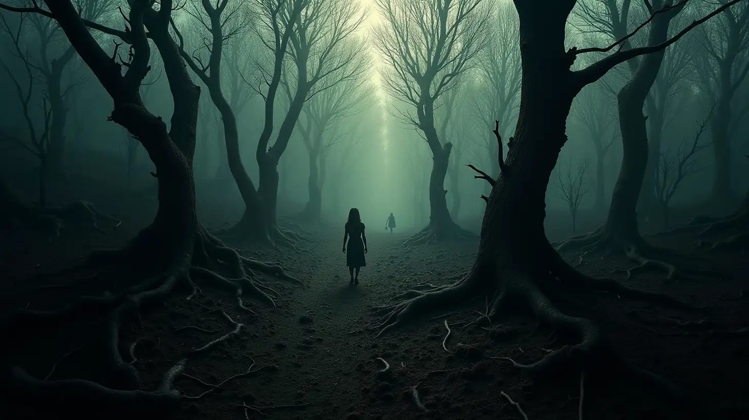 Eerie Forest Canopy with Twisted Trees and Silhouette of a Girl