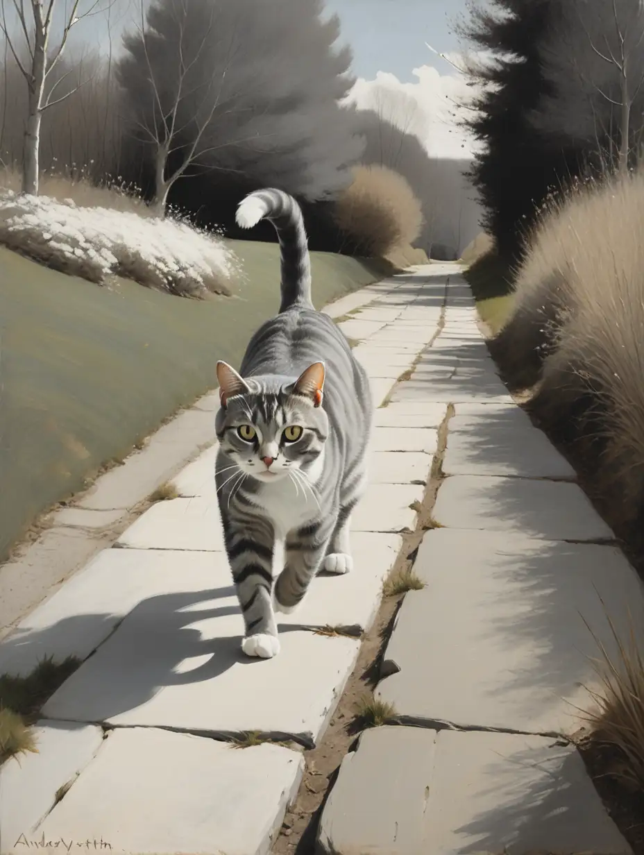 Gray Tabby Cat Walking Along Path Andrew Wyeth Style