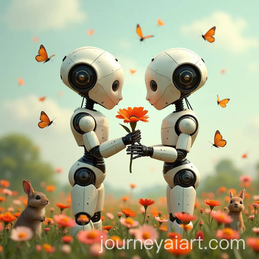 Whimsical-Female-and-MaleAI-Art-Prompt-Expansion-Robots-Sharing-Flowers-in-a-Flowery-Field-with-Butterflies-and-Small-Animals