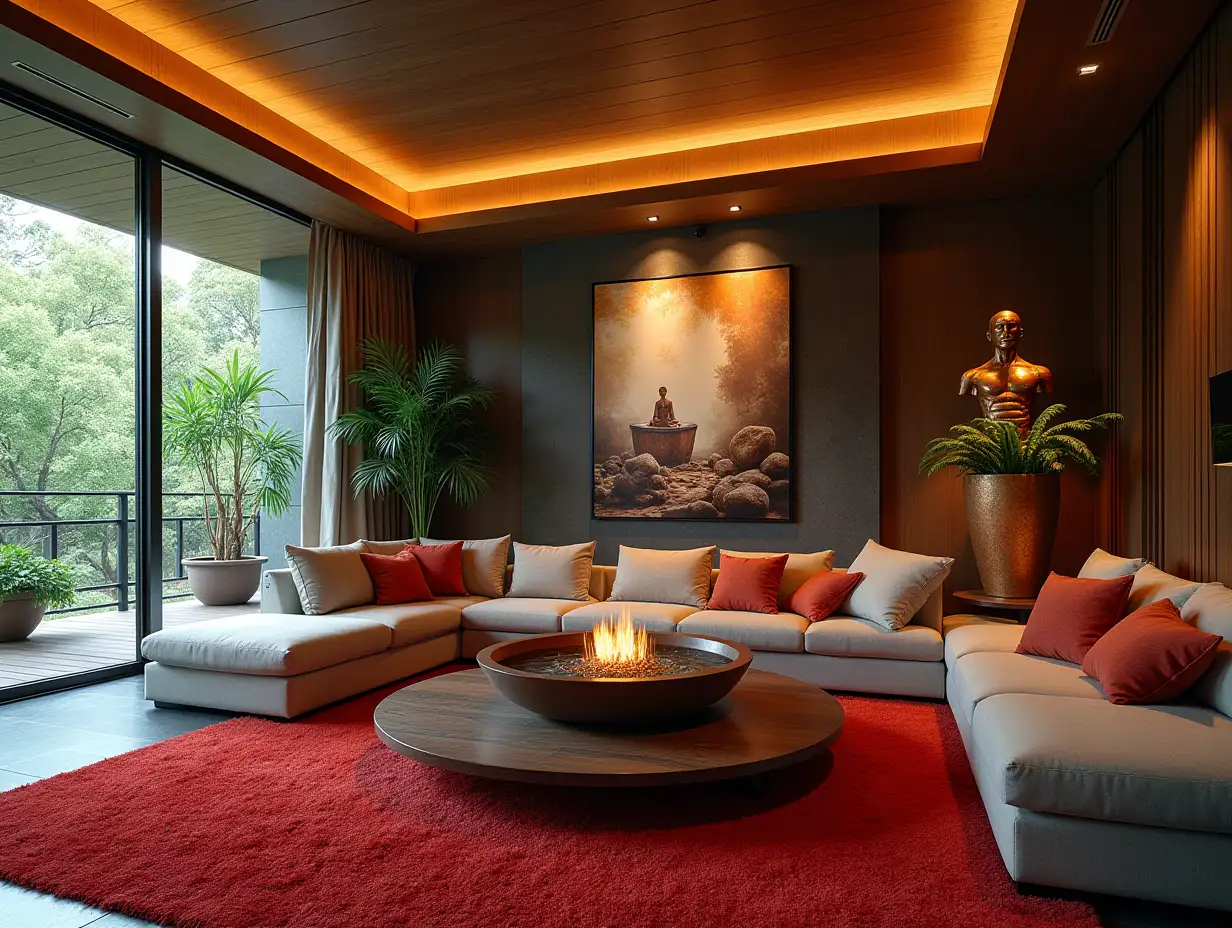 Large modern living room with fountain,red carpet,copper statue,lit ceiling with furnishing,hanging plants Attack on Titan image on the wall Zen-Garden with carefully tended rocks, a meditative 180 degree shot 8K resolution Colorful