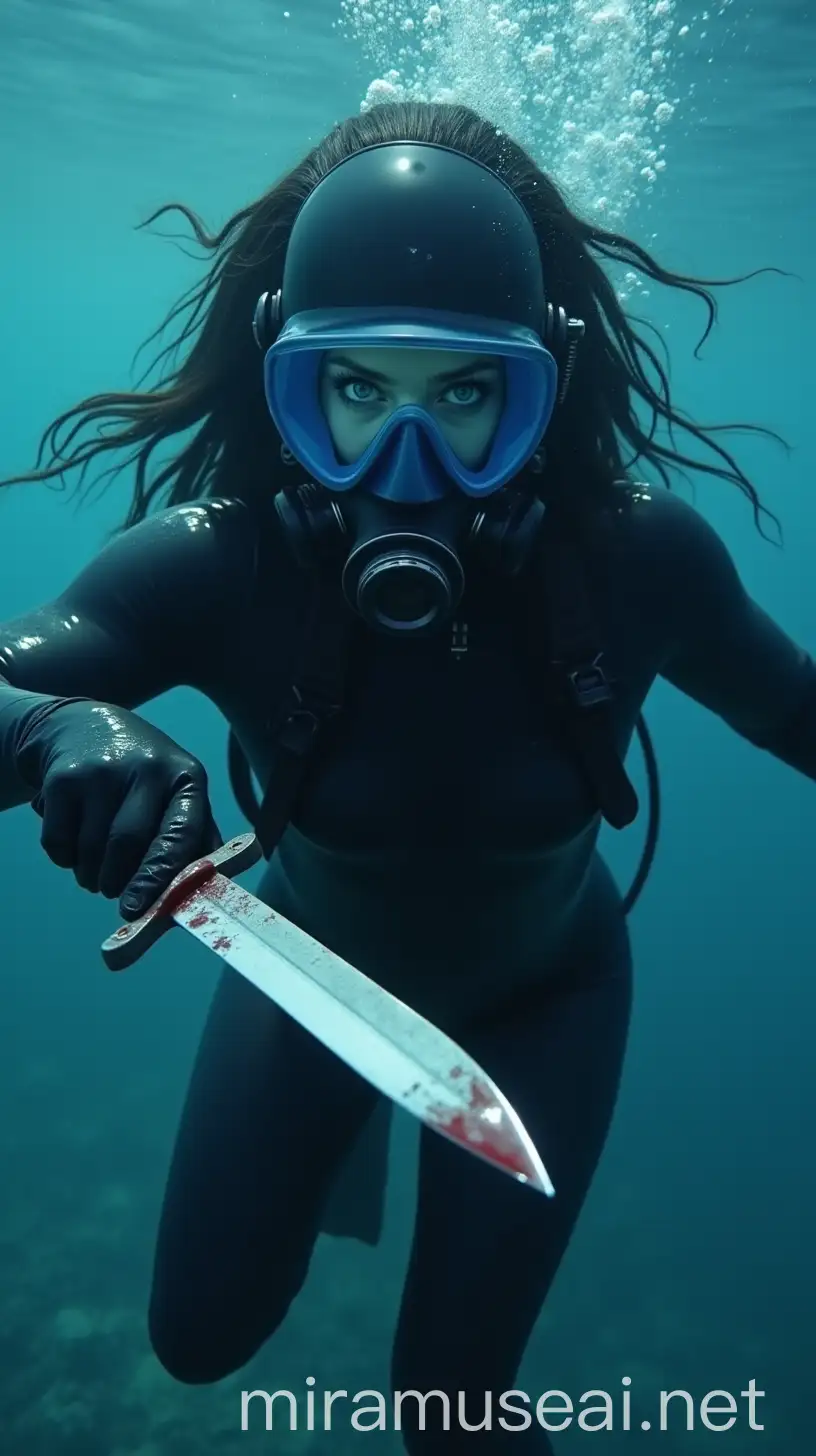 A POV image portrays a curvy teenager (18 years old) assassin dressed with a sleek diver form-fitting, glossy dark grey wetsuit with matching gloves, emphasizing agility and streamlined movement, she is floating underwater. The suit has a shiny, reflective texture, indicating a specialized material suited for underwater missions. She wears a full-face helmet with a single light blue visor, hiding her face, giving her an intense, focused appearance and adding a sense of mystery, she seems to be enjoying attacking her target . She holds a blood-smeared knife covered with blood in her gloved hand, poised as though she’s advancing toward the viewer, creating a sense of immediate tension. Her long, dark hair flows around her in the water, drifting gently with the current, adding an eerie, ethereal effect. On her back, she has a compact scuba tank, and she’s equipped with flippers to aid her in swimming. Her piercing blue eyes, visible through the light blue visor of her gas mask, are locked onto the camera with a fierce, determined expression. Her gaze is sharp, focused, and unwavering, suggesting a strong sense of purpose and control. The way she angles the knife forward and steps slightly in the camera's direction implies that she's moving in for an attack, making the viewer feel directly involved in the scene. The image should remark her feminine attributes.