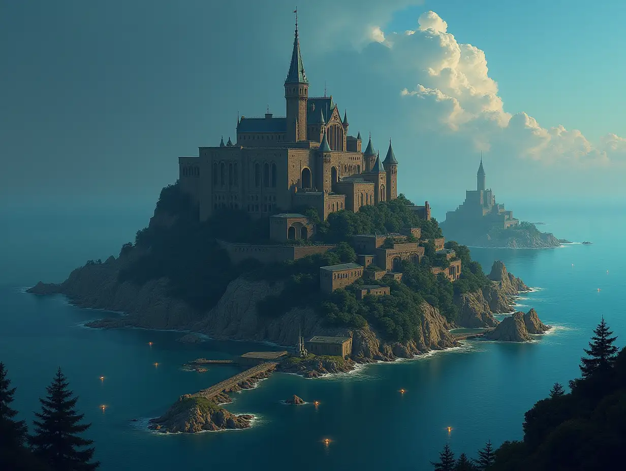 The island is a medieval metropolis, painted in the style of a graphic sketch. A huge building rises in the center of the island. Lights can be seen off the coast of the island, stretching into the depths of the sea