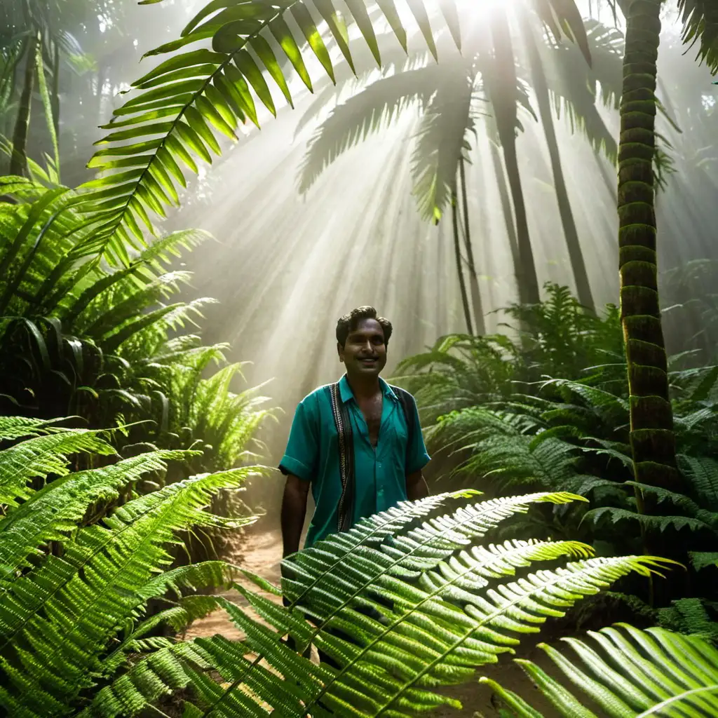 Indian-Man-in-a-Sunlit-Tropical-Jungle-Surrounded-by-Ferns-and-Palms