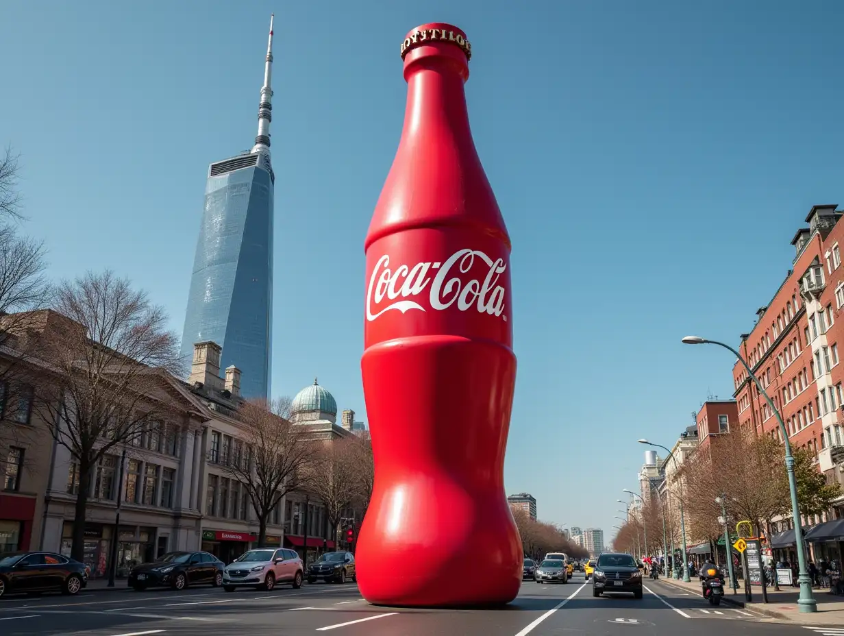 A giant bottle of Coca Cola stopping traffic