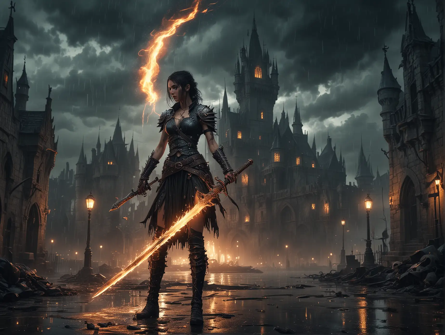 a girl with a dragon tattoo and flaming sword in the night city medieval castle rain lights stormy sky lightning undead zombies and skeletons in rusty armor