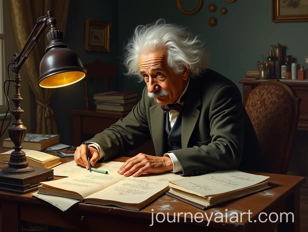 Albert-Einstein-Deep-in-Thought-in-His-Study-with-Complex-Equations-and-Cosmic-Symbols
