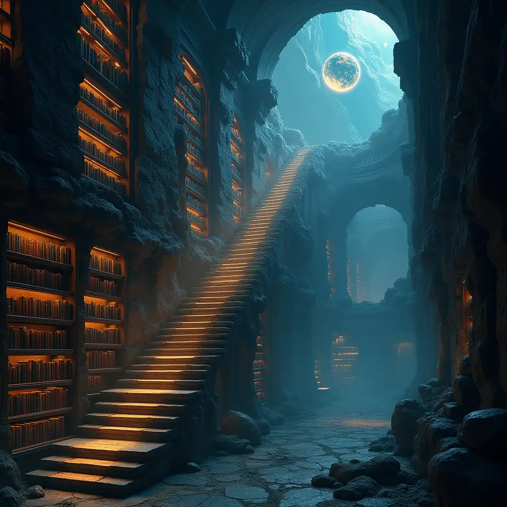 A mystical library floating in deep space, with bookshelves made of light and floating staircases leading to glowing orbs of ancient knowledge