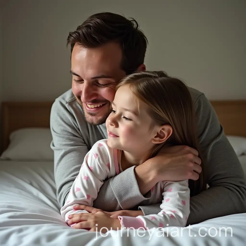 Father-Embracing-Daughter-in-a-Warm-Hug-While-She-Lies-on-Her-Stomach-in-Pajamas