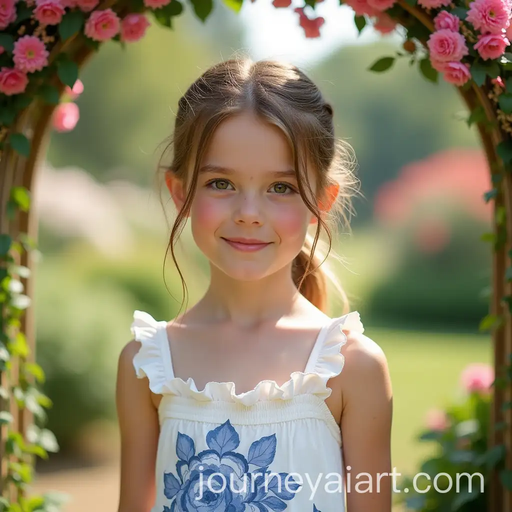 Young-Woman-in-Floral-Sundress-under-Flower-Arch-in-Vibrant-Garden