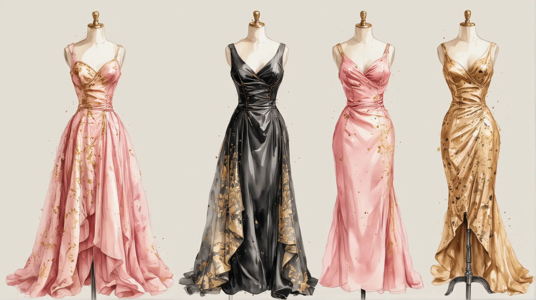 Watercolor Style Evening Dresses Sketch Drawing on White Background