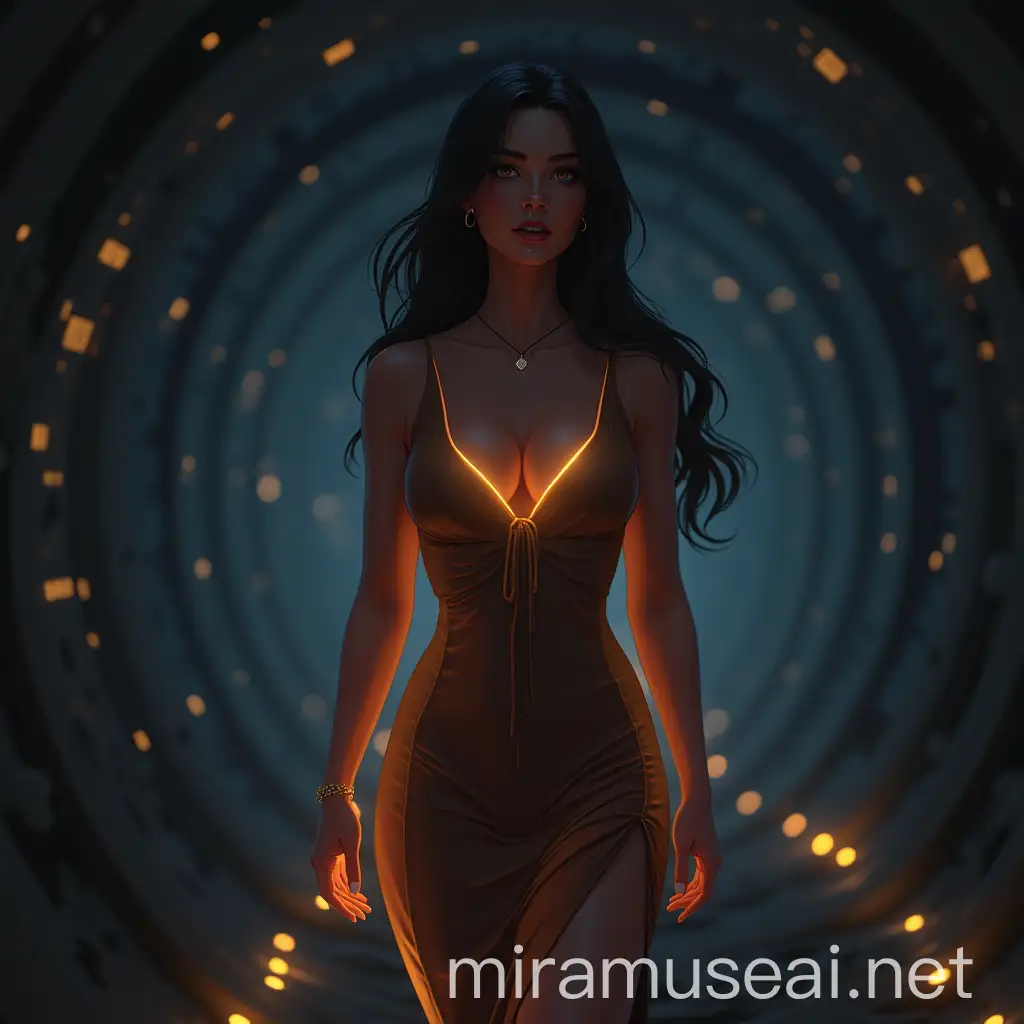 Beautiful Woman in Digital Light Tunnel at Midnight