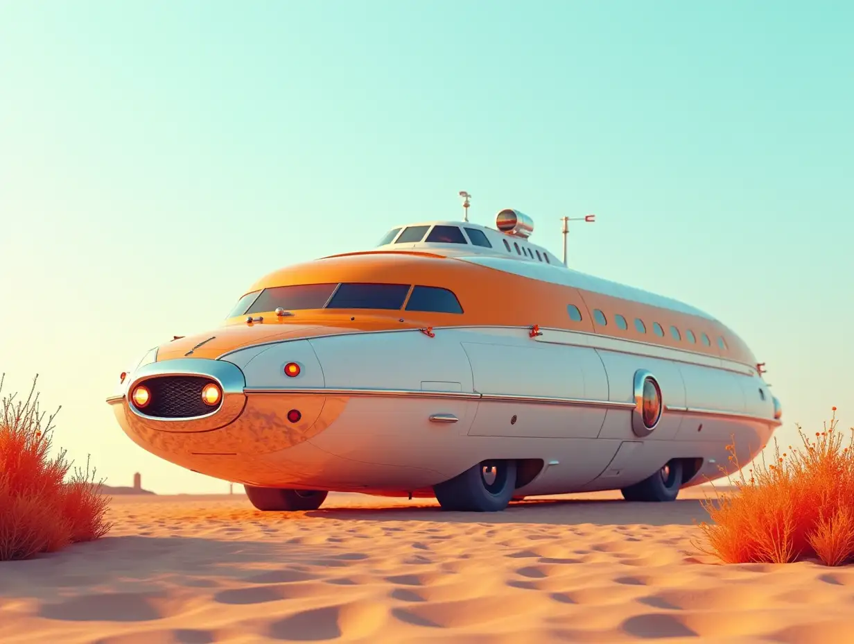 A larger spaceship retro white-orange, shiny parts, with glowing headlights, glass, windshield stands in the desert with colorful plants clear sky, 4k resolution colorful