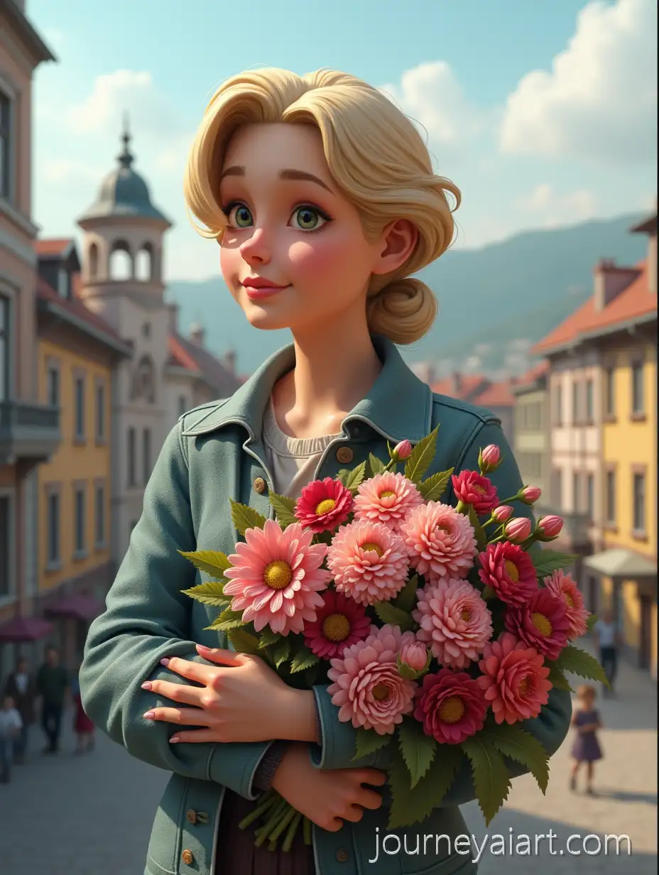 Lesya-Ukrainka-Holding-a-Bouquet-of-FlowersLesya-Ukrainka-with-flowers-in-NovogradVolynskyi-City