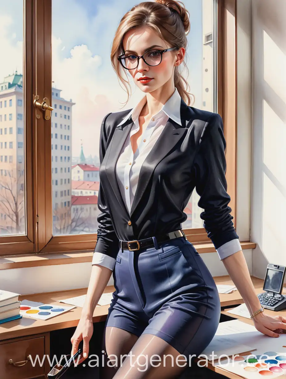 Watercolor-Portrait-of-Androgynous-80s-Style-Character-in-Office-Setting