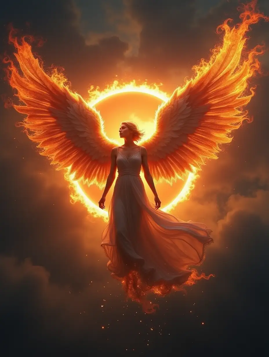 Mystical Angel with Fiery Wings Soaring Through Eclipse Sky