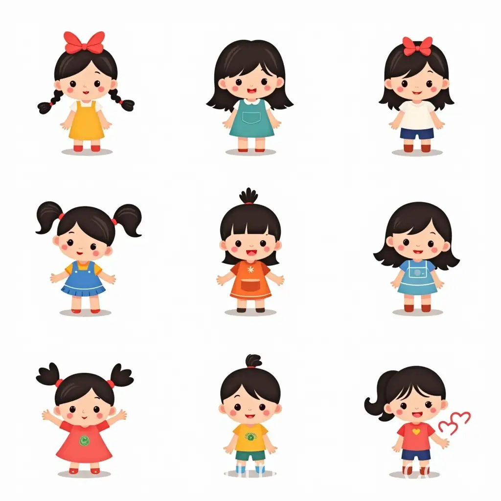 Nine-Cute-Little-Girl-Icons-in-Korean-Style-with-Bold-Line-Drawings-and-Simple-Colors