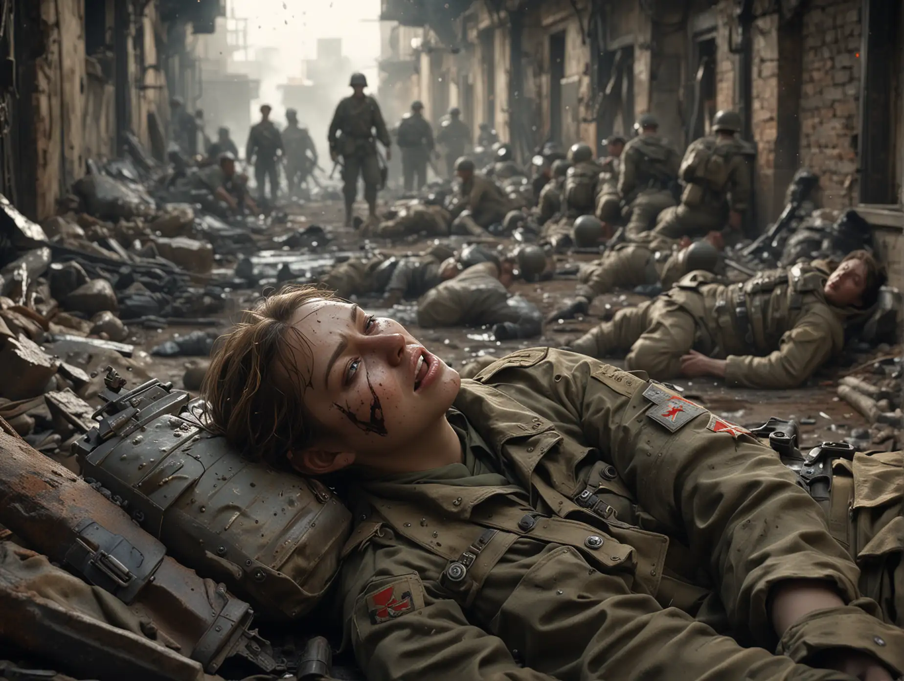 (war horror theme), masterpiece, global illumination, subsurface scattering, cinematic lighting, photorealism, highest quality, 4k, 8k, 16k, ultra high-res, depth of field blur, (war photography o crying  woman  soldier assaulted by enemy soldiers lie down on back  on a metal bed in abandoned building with crowded soldiers,  begging,   damaged ripped military clothing, ongoing war, artillery explosions, soldiers, looking away), (moist realistic skin texture),   trench war, flying debris, smoke,  battlefield, WW2