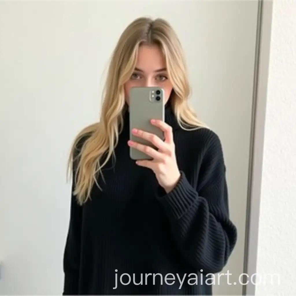 Young-Woman-Taking-a-Selfie-in-a-Mirror-with-a-Minimalist-Background