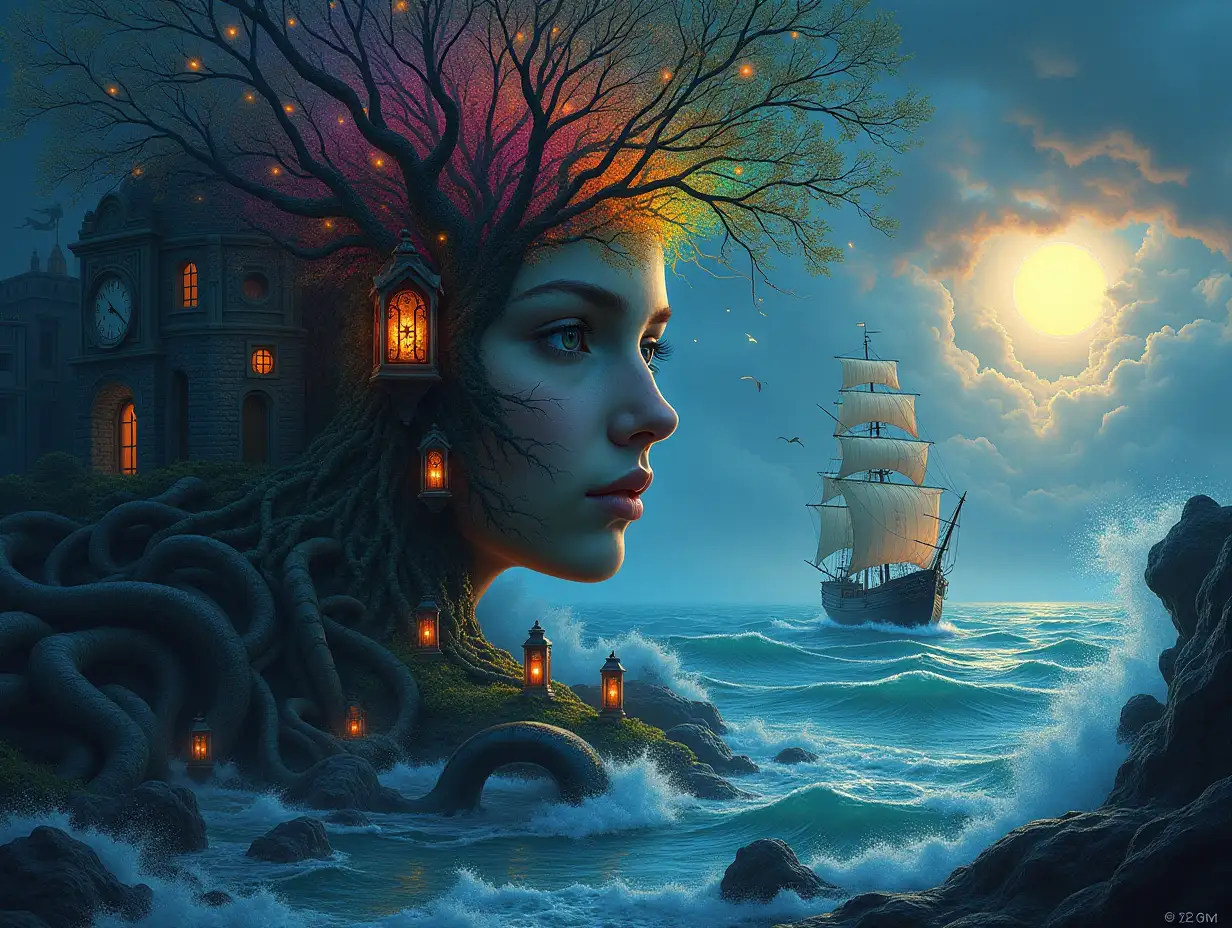 In creating a digital painting, a face with rainbow root hair transforms into a building with stones and lighting. Trees with roots and rocks and a lantern by the sea, with a large clock. Sailing ship with lanterns and a very large Kraken and the sun shines through the clouds. Very large waves and strange lightning