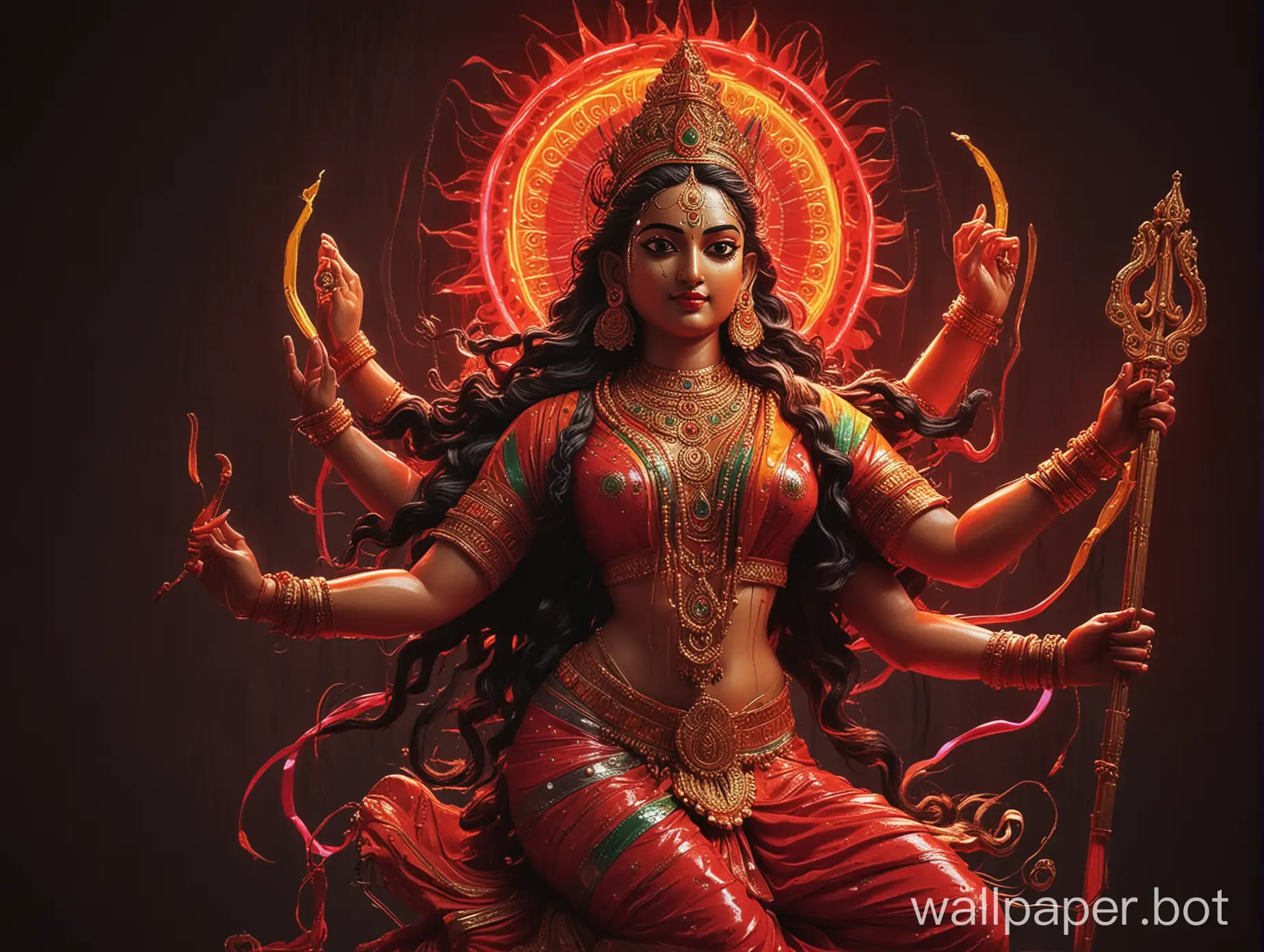  Maa Durga in a majestic, powerful, and fierce pose with neon colors
