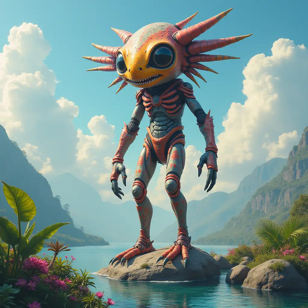 extraterrestrial creature 3 meters tall, colorful on a rock, large plants, water, clouds