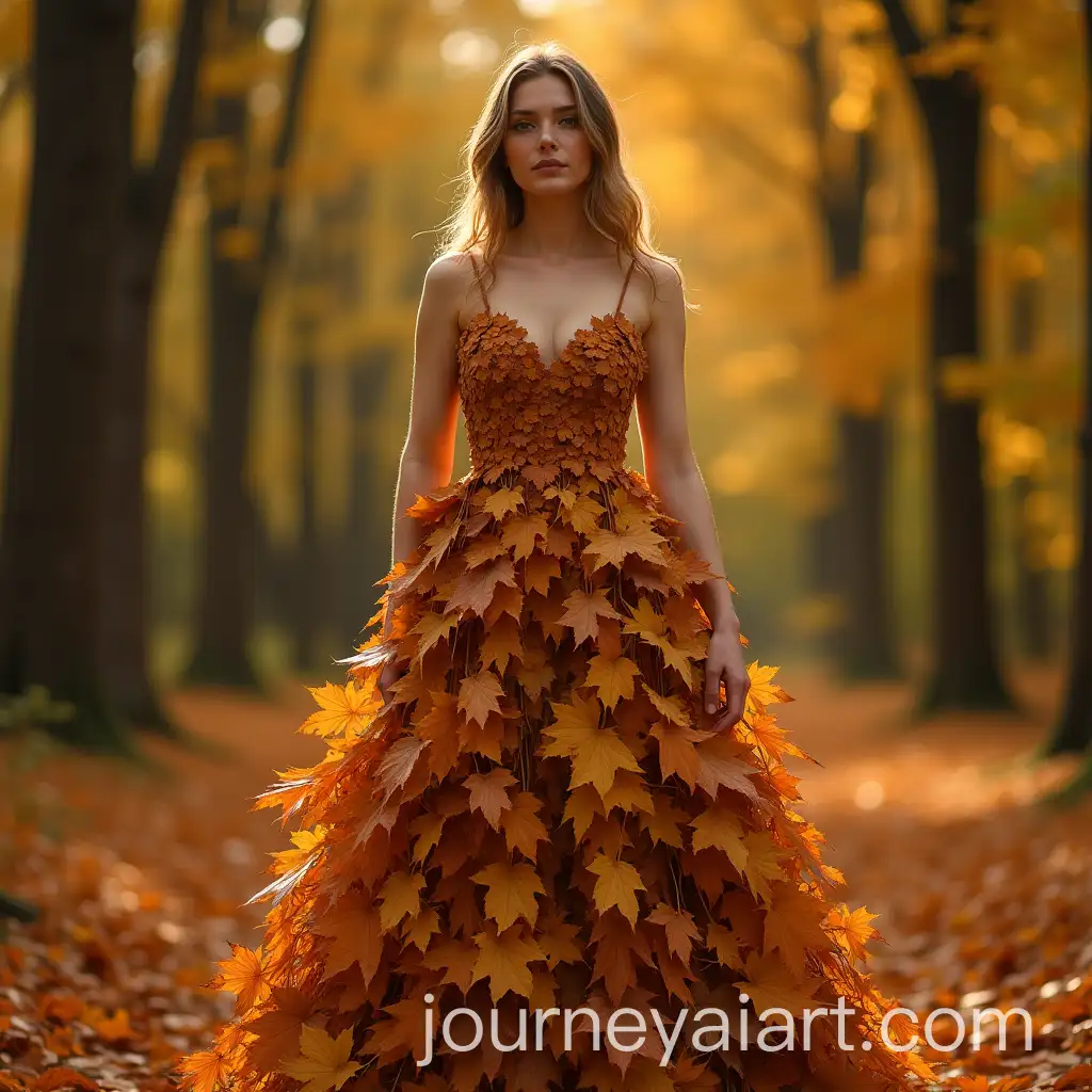 Woman-in-Leaf-Dress-Amidst-Autumn-Forest-Background
