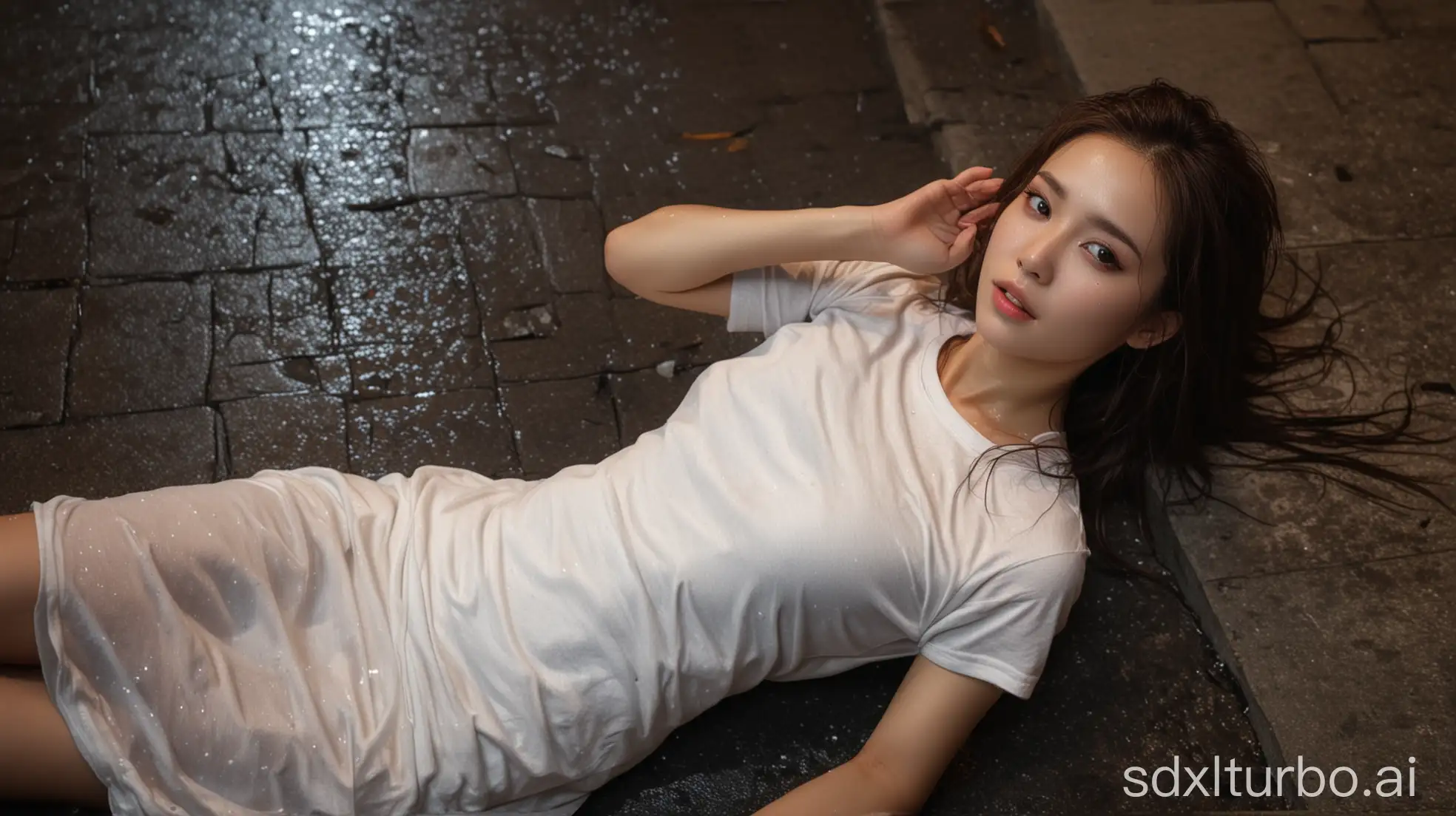 Chinese-Beauty-in-Winter-Fashion-Lying-on-Wet-Street-at-Night-in-the-Rain