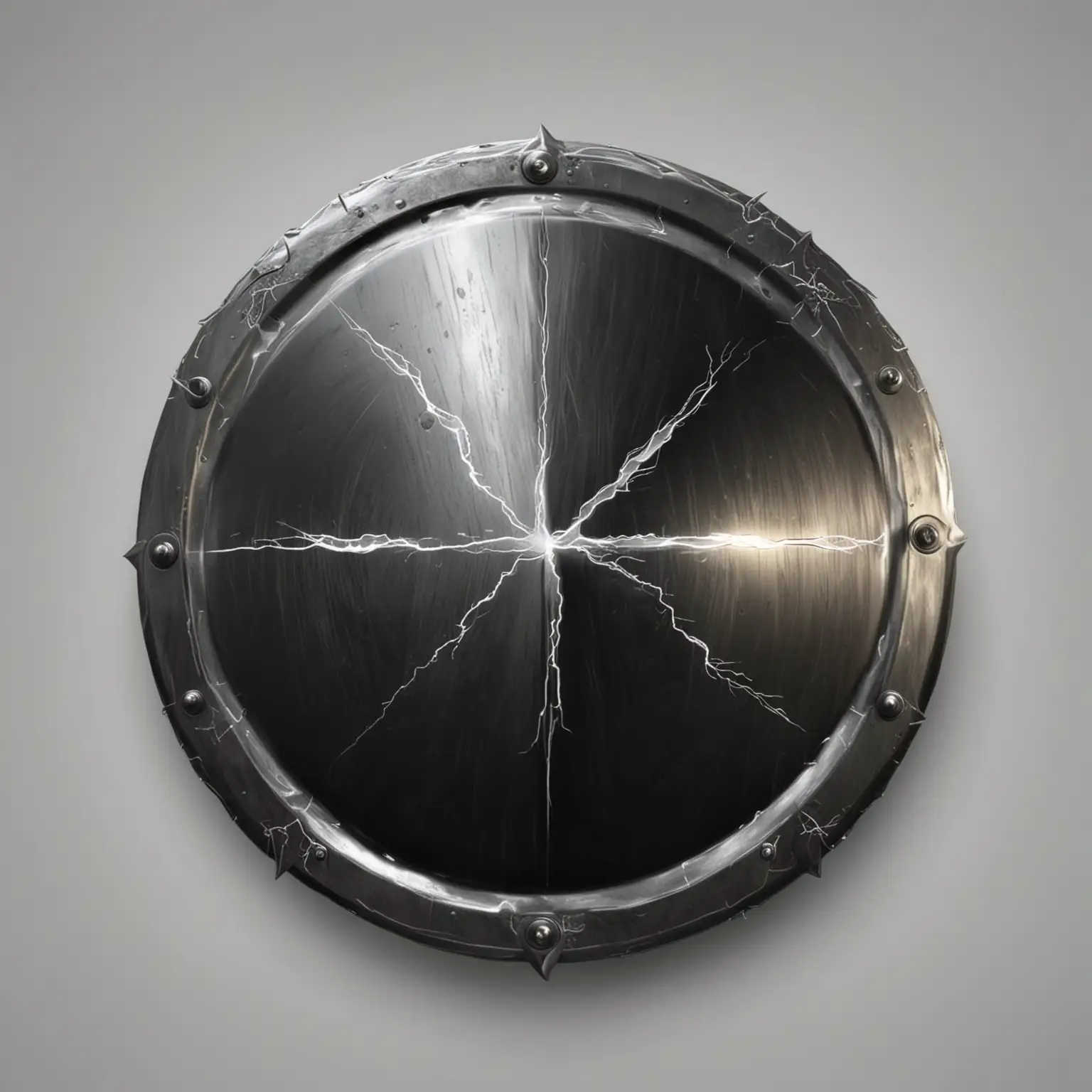 Realistic-Steel-Round-Shield-with-Glossy-Black-Finish-and-Lightning-Fantasy-Art-on-White-Background