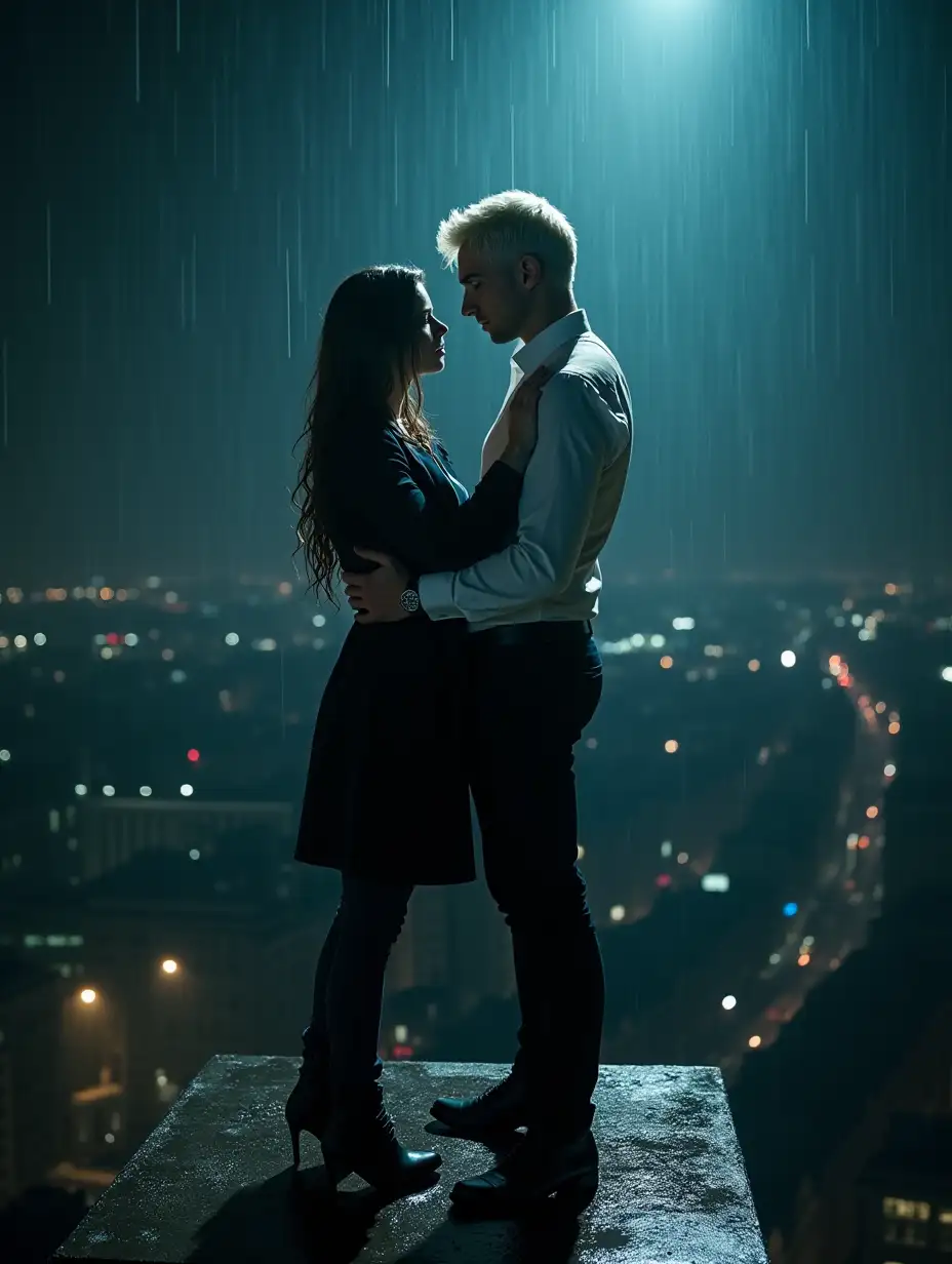 Ultra-realistic night photo. A small platform 5 feet across at a great height on top of a tower at night. Spotlights shine from below, and another powerful beam is directed from above onto the platform. A handsome young man stands on it, soaking wet. He holds a young thin woman in a dark coat and jeans tightly by the waist with one arm. This is Draco Malfoy, a handsome, tall, thin 25-year-old man with blue eyes, a thin face, high sharp cheekbones and a sharp chin, pale skin, smooth platinum blond hair dripping with water, brutal, muscular. He is wearing a white wet shirt and a white Formal Vest, black trousers, patent leather black shoes, a watch on his hands. Around him is shimmering night-time Paris. A chilly autumn rain is pouring and an icy wind is blowing.