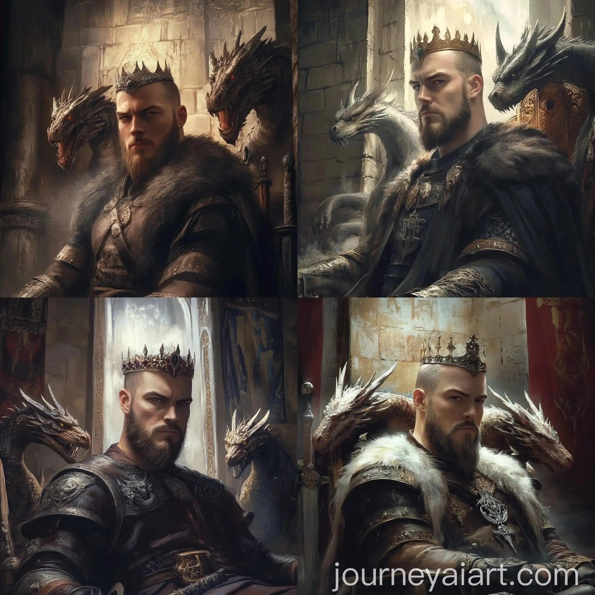 King-with-Crown-Sitting-on-Throne-with-Dragons-in-Castle