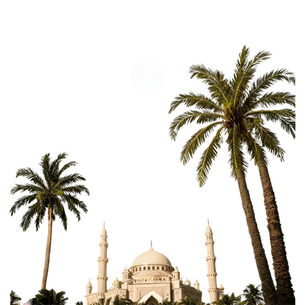 At early night a 1st moon shine in the sky in the back of mosque. A palm tree in front of mosque